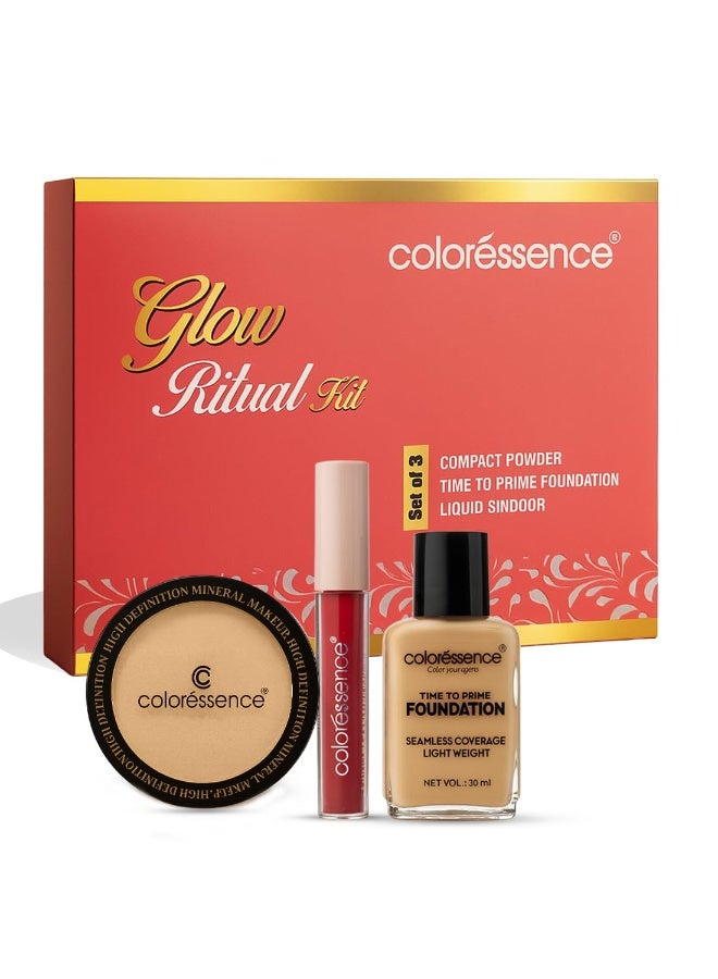 كالرسينس مجموعة مكياج الوجه Coloressence Glow Ritual المكونة من 3 قطع للنساء، مناسبة لـ Karva Chauth (للبشرة الفاتحة) | سهلة الاستخدام (بودرة مضغوطة، كريم أساس 30 مل، سائل السندور) - Image 1